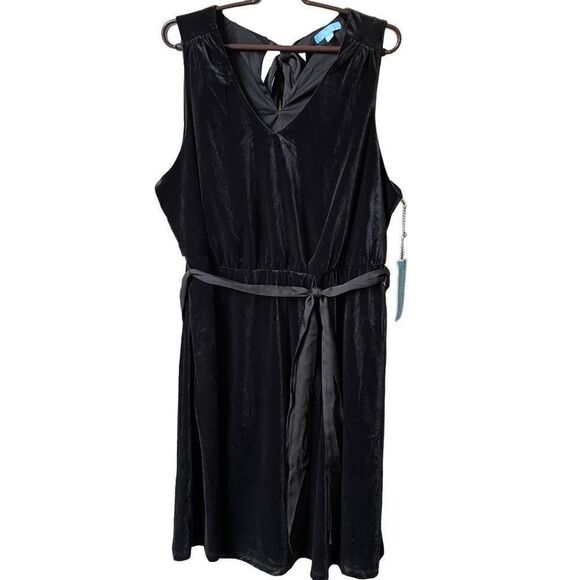 Draper James Women's Dress Sz 1X V-Neck Black Bow Tie Back Velvet Sleeveless NWT - Picture 1 of 9